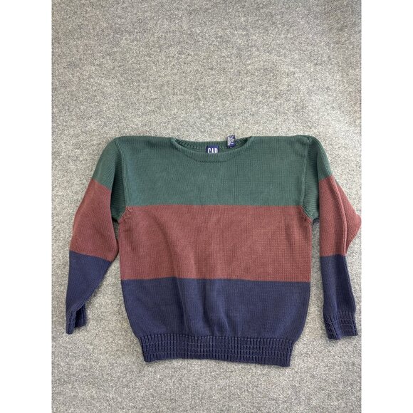 GAP Sweater Mens Medium Green Red Navy Blue Block Stripe Knit Pullover Cotton - Picture 1 of 5